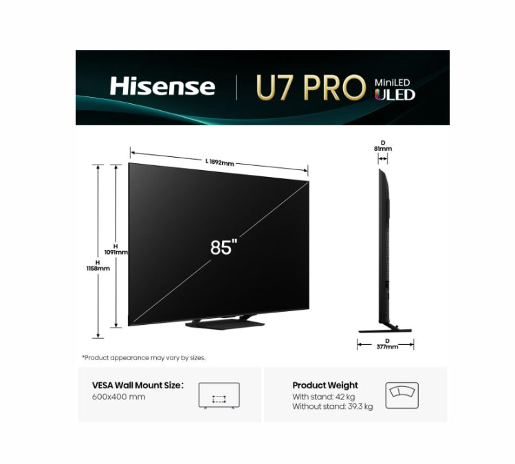 Hisense 85"U7Q Pro, 4K Ultra HD 3840x2160, ULED, FALD, Quantum Dot, 165Hz, IPS, HDR 10+, HLG, Dolby Vision IQ, Dolby Atmos, Smart TV, WiFi 5GHz, WiFi Direct, BT, Anyview Cast,light sensor,Solar Powered Remote, 4xHDMI, 2xUSB, LAN, CI+, DVB-T2/C/S2, Black