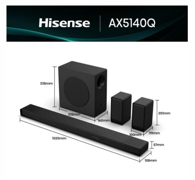 Hisense AX5140Q,  5.1.4Ch Sound Bar with Wireless Subwoofer, 600W, Dolby Atmos, Bluetooth 5.3, 4K HDMI Pass Through, DTS:X, HDMI/AUX/ARC/Optical/USB, 7 EQ Modes, Black
