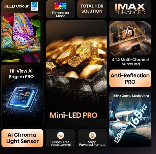Hisense 65" U8Q, 4K Ultra HD 3840x2160, Mini Led Pro, FALD, Quantum Dot, 165Hz, IPS, HDR 10+, HLG, Dolby Vision IQ, Dolby Atmos, Smart TV,Light Sensor,WiFi 5GHz, WiFi Direct, BT, Anyview Cast, 3xHDMI, 2xUSB, LAN, CI+, DVB-T2/C/S2, Black