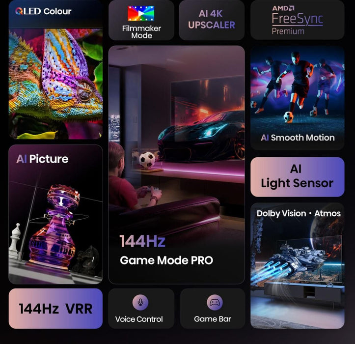 Hisense 65" E7Q Pro, 4K Ultra HD 3840x2160, QLED, Quantum Dot, 144Hz, HDR 10+ adaptive, HLG, Dolby Vision, DTS Virtual X, Smart TV, WiFi 5GHz, WiFi Direct, BT, Anyview Cast, 4xHDMI, 2xUSB, LAN, CI+, DVB-T2/C/S2, Black