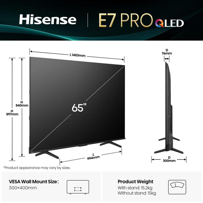 Hisense 65" E7Q Pro, 4K Ultra HD 3840x2160, QLED, Quantum Dot, 144Hz, HDR 10+ adaptive, HLG, Dolby Vision, DTS Virtual X, Smart TV, WiFi 5GHz, WiFi Direct, BT, Anyview Cast, 4xHDMI, 2xUSB, LAN, CI+, DVB-T2/C/S2, Black