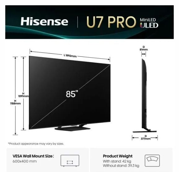 Hisense 85"U7Q Pro, 4K Ultra HD 3840x2160, ULED, FALD, Quantum Dot, 165Hz, IPS, HDR 10+, HLG, Dolby Vision IQ, Dolby Atmos, Smart TV, WiFi 5GHz, WiFi Direct, BT, Anyview Cast,light sensor,Solar Powered Remote, 4xHDMI, 2xUSB, LAN, CI+, DVB-T2/C/S2, Black