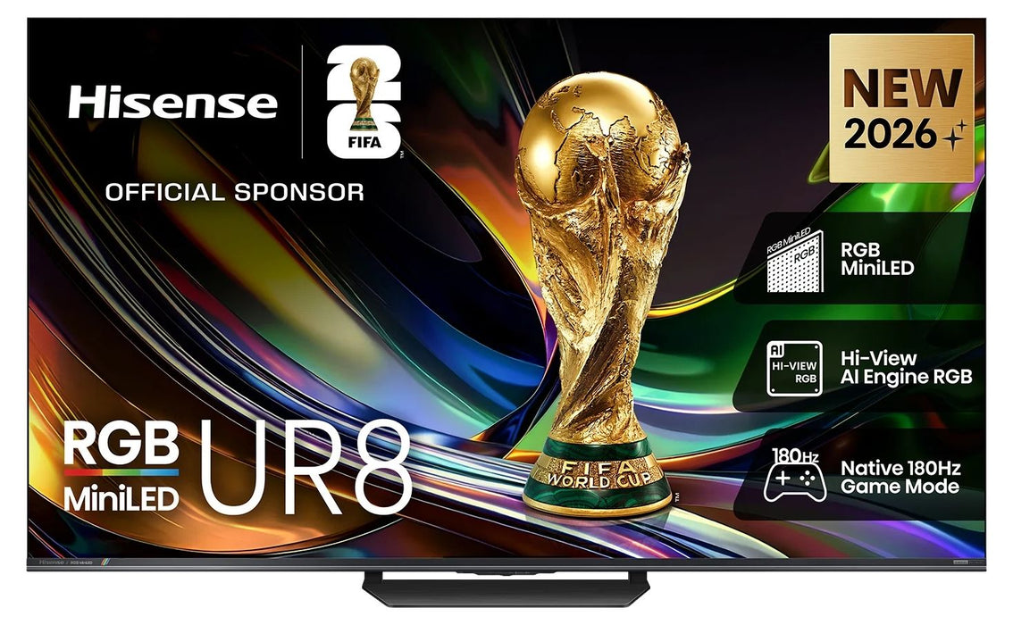 Hisense 65" UR8S, 4K Ultra HD 3840x2160, RGB Mini Led , DLED, Quantum Dot, 180Hz, IPS, HDR 10+, HLG, Dolby Vision IQ, Dolby Atmos, Smart TV,Light Sensor,WiFi 6eGHz, WiFi Direct, BT,2x10 W + 20 W + 2x5 W, Anyview Cast, 4xHDMI, 2xUSB, LAN, CI+, DVB-T2/C/S2