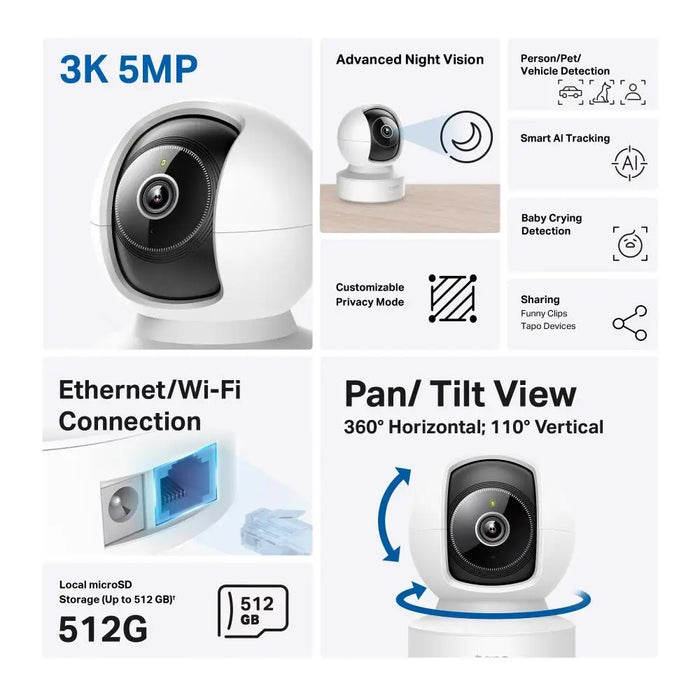 Home Security WiFi Camera TP-Link Tapo C232 3K 5Mp with AI Pan/Tilt LAN WiFi SDmicro Night Vision - IP Камери<<<Мрежово