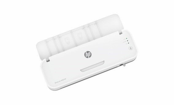 HP ONELAM 400 A4 laminator, Hot/Cold, integrated trimmer, corner rounder, speed 40 cm/min + 15 pouches: 3xA4, 4xA5, 4xA6, 4xB-CARD, white