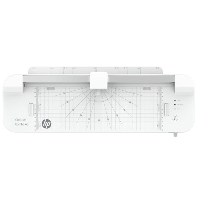HP ONELAM COMBO A3 laminator, Warm, integrated trimmer, corner rounder, 40 cm/min speed + 15 pouches: 3xA4, 4xA5, 4xA6, 4xB-CARD, White