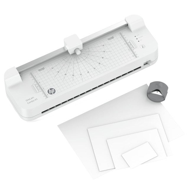 HP ONELAM COMBO A3 laminator, Warm, integrated trimmer, corner rounder, 40 cm/min speed + 15 pouches: 3xA4, 4xA5, 4xA6, 4xB-CARD, White