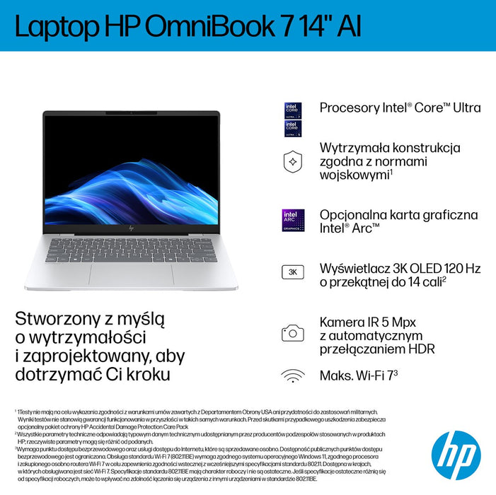 HP OmniBook 7 AI 14-fr0003nw Intel Core Ultra 5 225U Laptop 35.6 cm (14") 2K Display 16 GB LPDDR5 SDRAM 512 GB SSD Wi-Fi 6E (802.11ax) Windows 11 Pro AI PC Silver