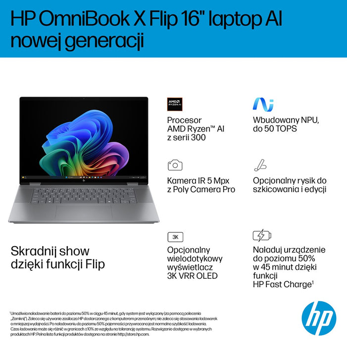 HP OmniBook X Flip Next Gen AI 16-ar0016nw Copilot+ PC AMD Ryzen AI 5 340 2-in-1 40.6 cm (16") touchscreen 2K 16 GB LPDDR5x-SDRAM 1 TB SSD Wi-Fi 7 (802.11be) Windows 11 Home Silver