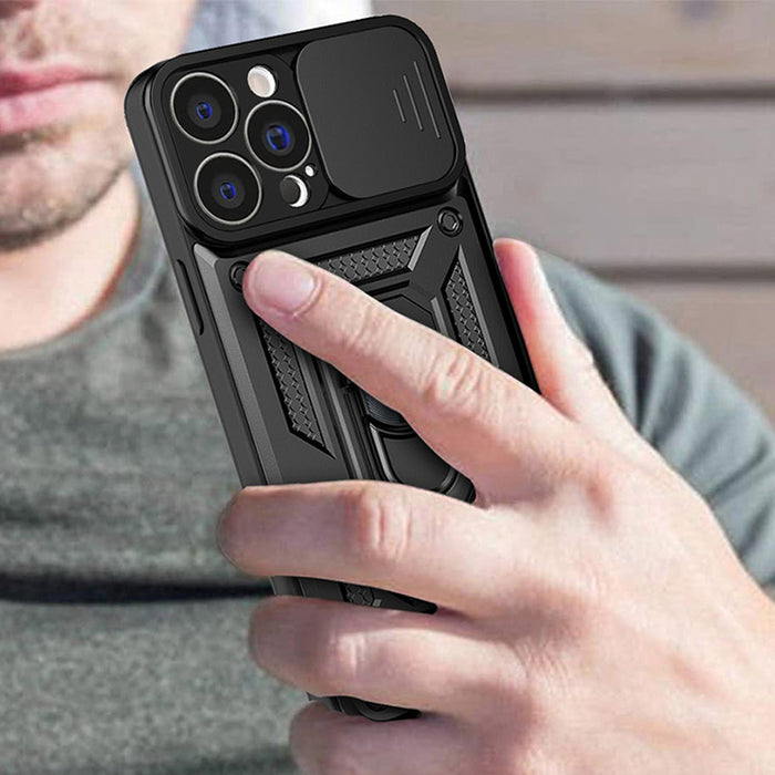 Hybrid Armor Camshield case for iPhone 14 Pro Max armored case with camera cover black