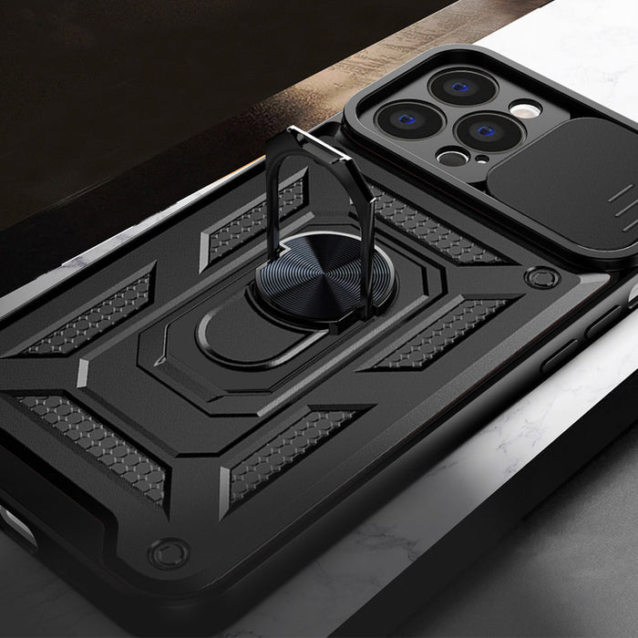 Hybrid Armor Camshield case for iPhone 13 Pro armored case with camera cover blue