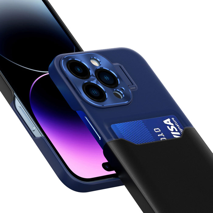 Leather Stand Case case for iPhone 14 Pro cover card wallet with stand blue