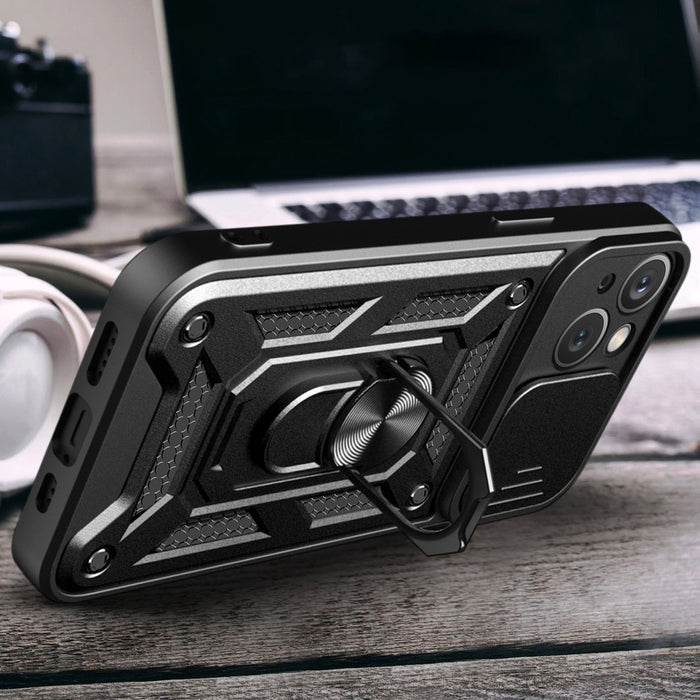 Hybrid Armor Camshield Case with Stand and Camera Cover for iPhone 15 Plus - Black
