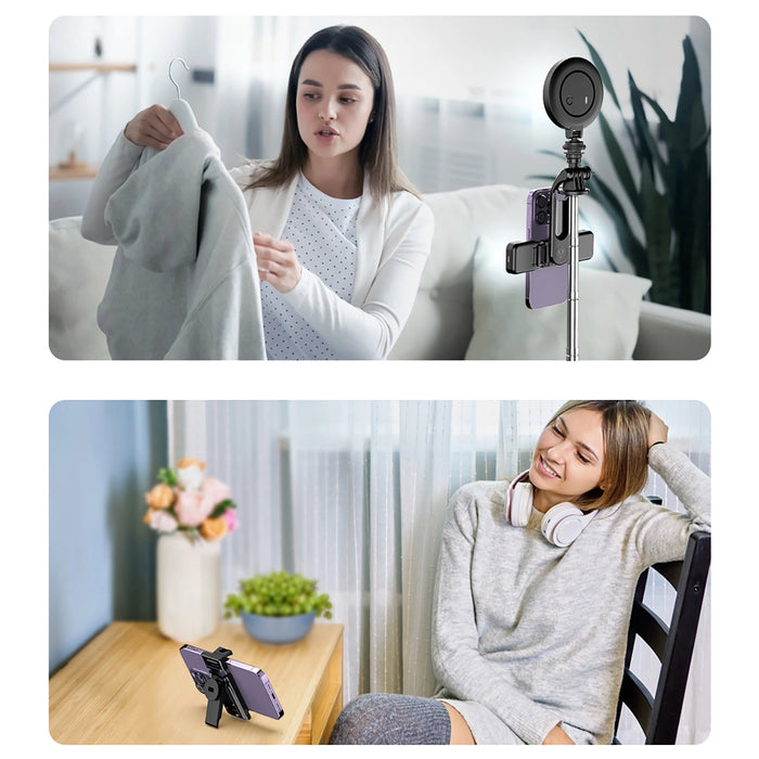 Selfie stick WC13YDS telescopic tripod 1.3m with double lamp and phone holder - black