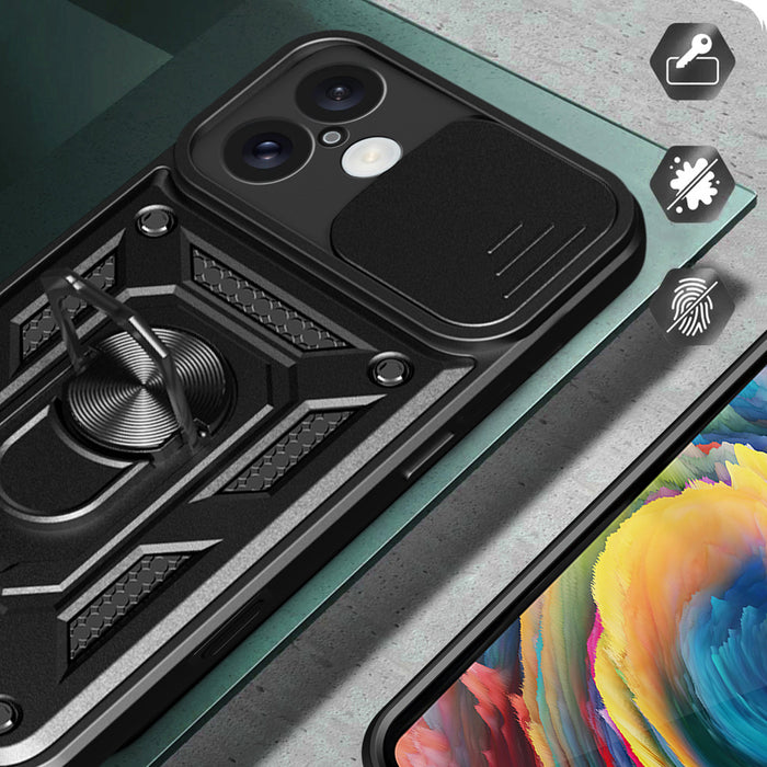Hybrid Armor Camshield iPhone 16 Armored Case with Camera Cover and Stand - Black