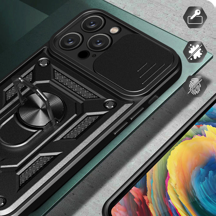 Hybrid Armor Camshield iPhone 16 Pro Case with Camera Cover and Stand - Black