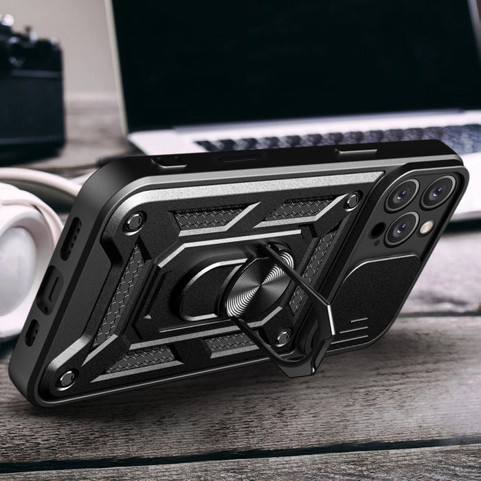 Hybrid Armor Camshield iPhone 16 Pro Max Armored Case with Camera Cover and Stand - Black