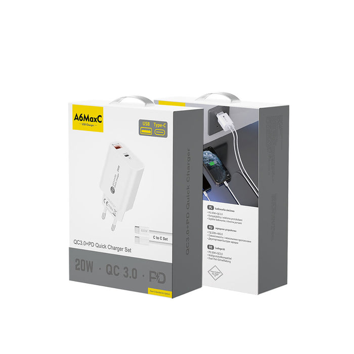 A6MaxL 20W USB-A USB-C wall charger with USB-C - USB-C 1m cable - white