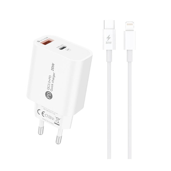 A6MaxL 20W USB-A USB-C Wall Charger with 1m USB-C - Lightning Cable - White