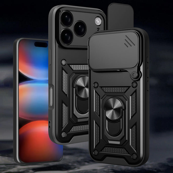 Hybrid Armor Camshield iPhone 17 Pro Case with Stand and Camera Cover - Black