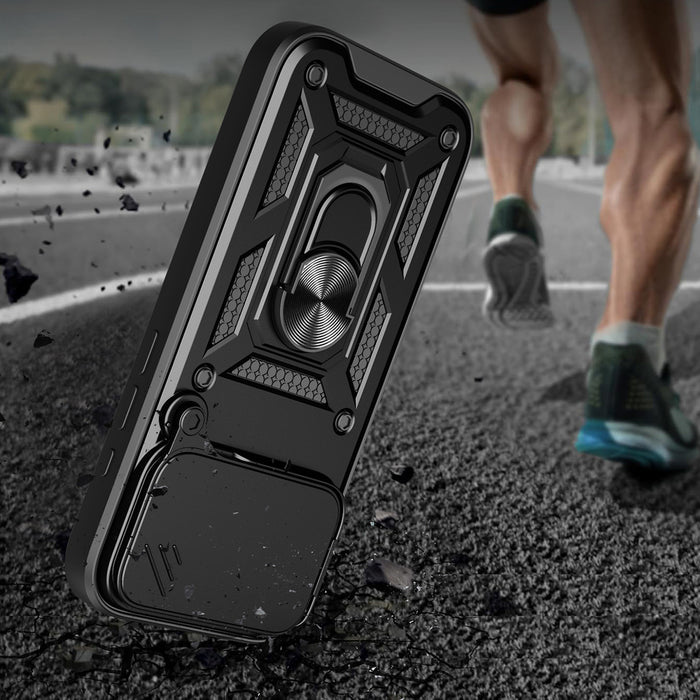 Hybrid Armor Camshield iPhone 17 Pro Case with Stand and Camera Cover - Black