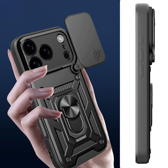 Hybrid Armor Camshield iPhone 17 Pro Case with Stand and Camera Cover - Black