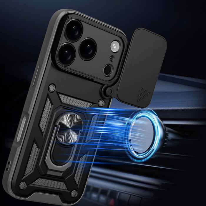 Hybrid Armor Camshield Case for iPhone 17 Pro Max with Stand and Camera Cover - Black