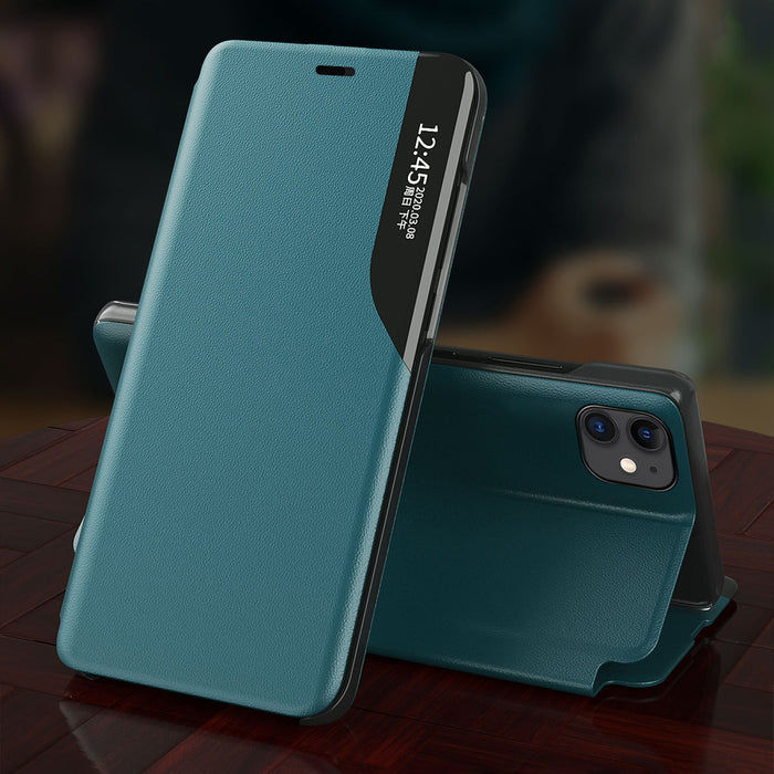 Eco Leather View Case elegant bookcase type case with kickstand for iPhone 13 Pro Max blue