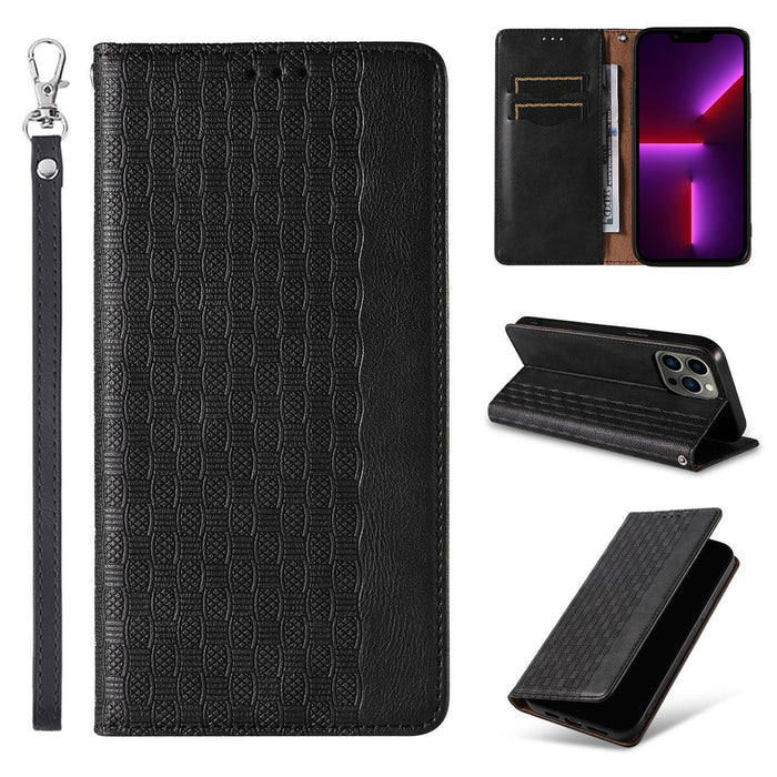 Magnet Strap Case for iPhone 14 Pro Flip Wallet Mini Lanyard Stand Black