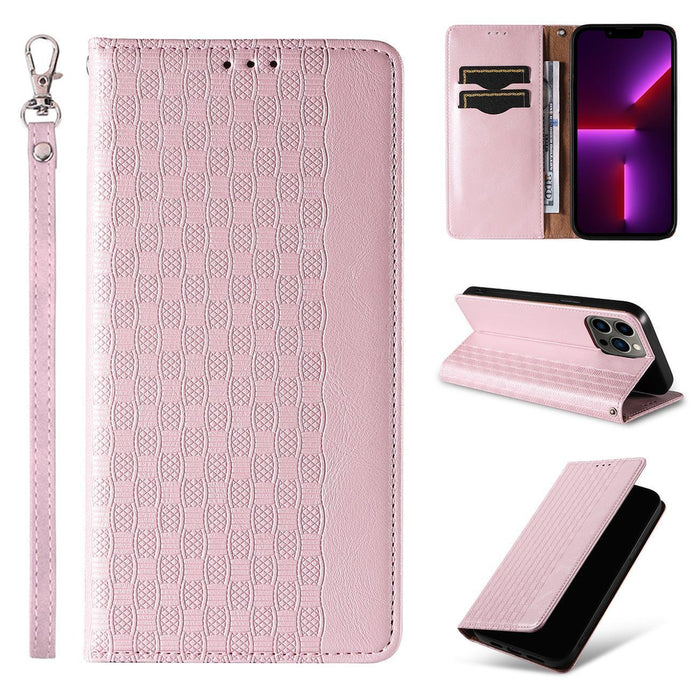 Magnet Strap Case Case for iPhone 14 Pro Flip Wallet Mini Lanyard Stand Pink