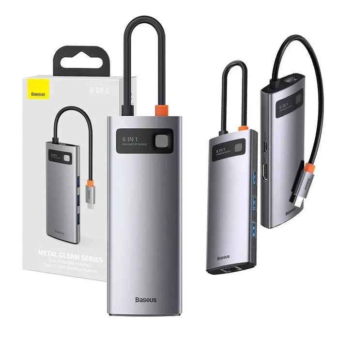 Hub 6in1 Baseus Metal Gleam Series USB-C to 3x USB 3.0 + HDMI + USB-C PD + Ethernet RJ45 - Hubs<<<IT