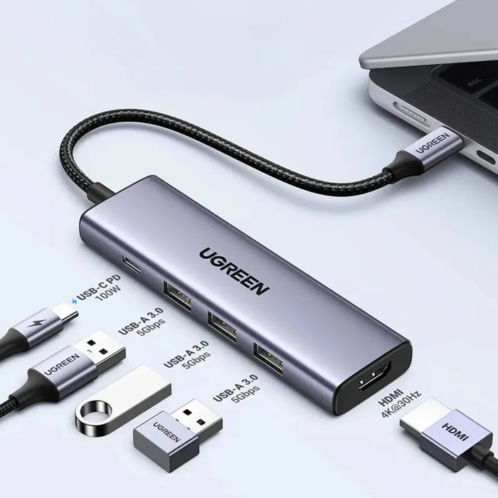 HUB Ugreen CM511 15597 5in1 USB-C - USB-C PD / HDMI / 3x USB-A 3.0 - gray - USB hubs<<<HurtelXML