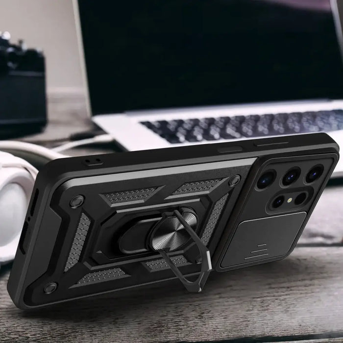 Hybrid Armor Camshield case for Samsung Galaxy S24 Ultra armored with camera cover - black - Cell phone cases