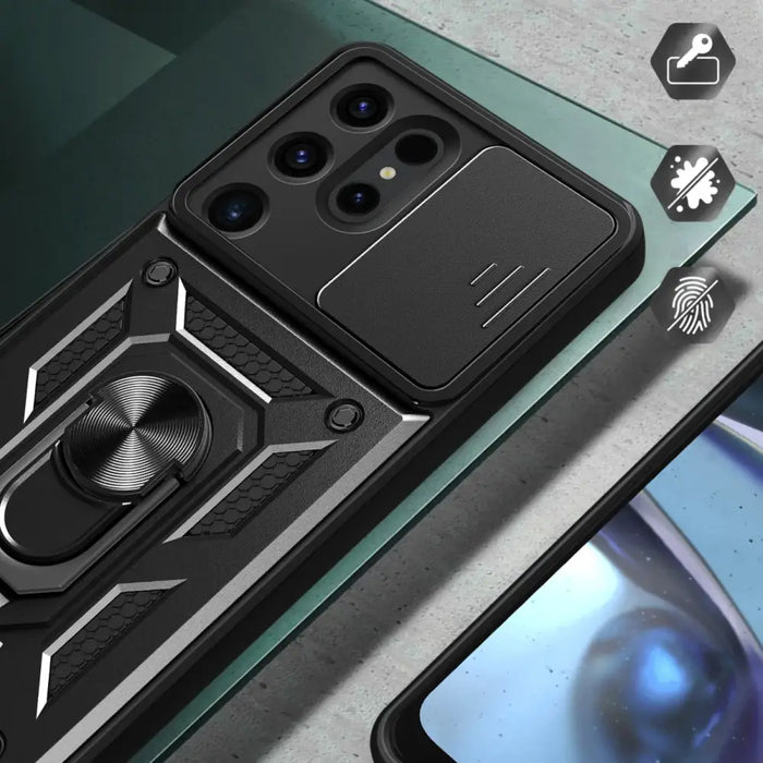 Hybrid Armor Camshield case for Samsung Galaxy S24 Ultra armored with camera cover - black - Cell phone cases