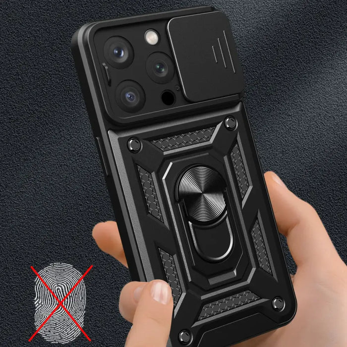 Hybrid Armor Camshield case with stand and camera cover for iPhone 15 Pro - black - Cell phone cases