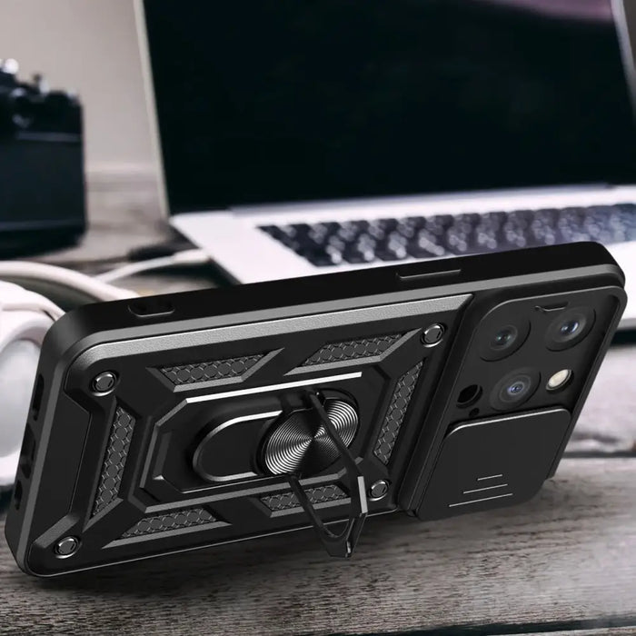 Hybrid Armor Camshield case with stand and camera cover for iPhone 15 Pro - black - Cell phone cases