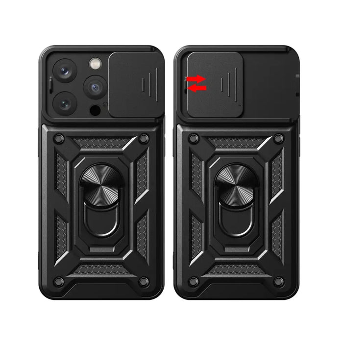 Hybrid Armor Camshield case with stand and camera cover for iPhone 15 Pro - black - Cell phone cases