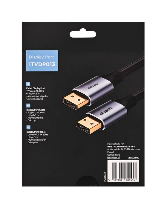 iBox ITVDP013 DisplayPort cable 4K 60Hz gold plug 3 m