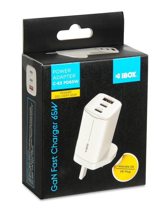 iBOX C-65 White, GaN 65W universal charger UK plug