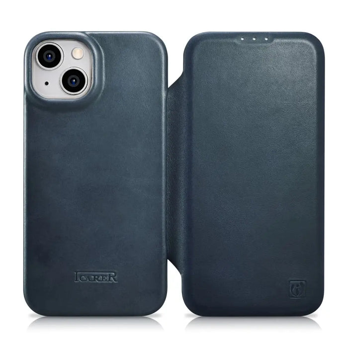 iCarer CE Oil Wax Premium Leather Folio Case iPhone 14 magnetic flip case MagSafe blue (AKI14220705-BU) - Cell phone