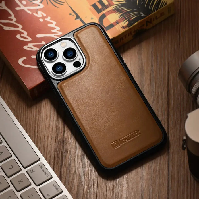iCarer Leather Oil Wax case covered with natural leather for iPhone 14 Pro brown (WMI14220718-TN) - Cell phone cases