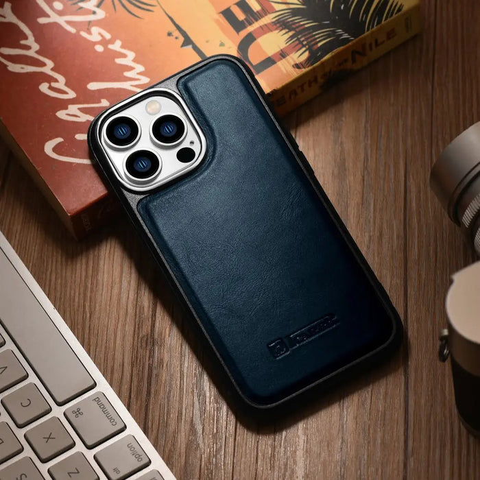 iCarer Leather Oil Wax case covered with natural leather for iPhone 14 Pro blue (WMI14220718-BU) - Cell phone cases