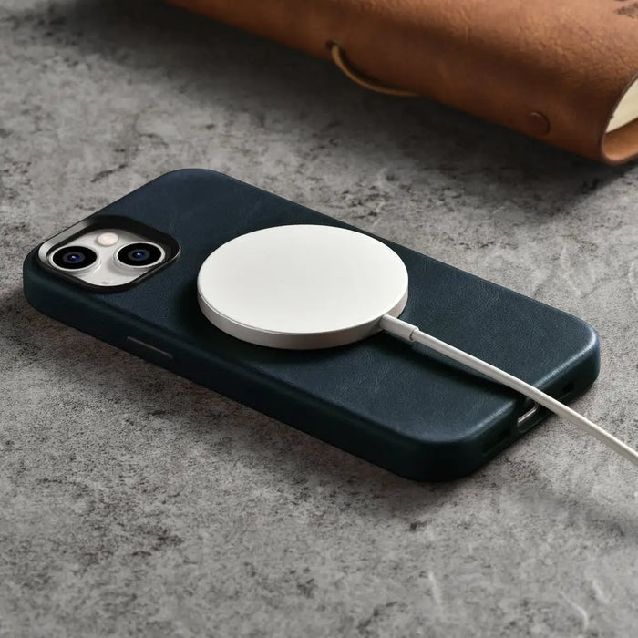 iCarer Oil Wax Premium Leather Case iPhone 14 Magnetic Leather Case with MagSafe Dark Blue (WMI14220701-BU) - Cell