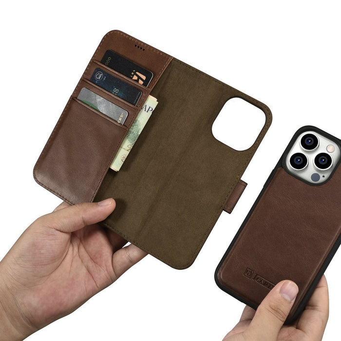 iCarer Oil Wax Wallet Case 2in1 Cover iPhone 14 Pro Anti-RFID Leather Flip Case Brown (WMI14220722-BN) - Cell phone