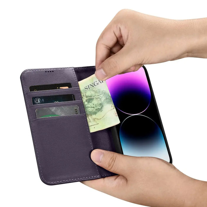 iCarer Wallet Case 2in1 Cover iPhone 14 Pro Max Anti-RFID Leather Flip Case Dark Purple (WMI14220728-DP) - Cell phone