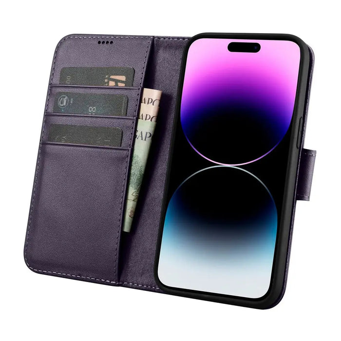 iCarer Wallet Case 2in1 Cover iPhone 14 Pro Max Anti-RFID Leather Flip Case Dark Purple (WMI14220728-DP) - Cell phone