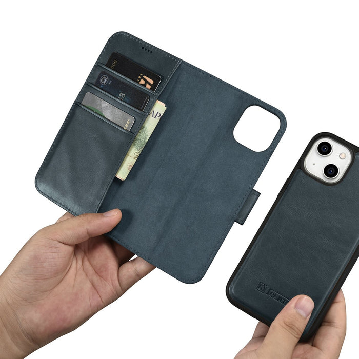 iCarer Oil Wax Wallet Case 2in1 Case iPhone 14 Anti-RFID Leather Flip Case Blue (WMI14220721-BU)