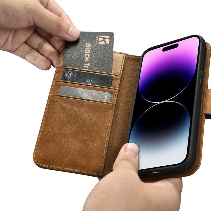 iCarer Oil Wax Wallet Case 2in1 Cover iPhone 14 Pro Anti-RFID Leather Flip Case Brown (WMI14220722-TN)