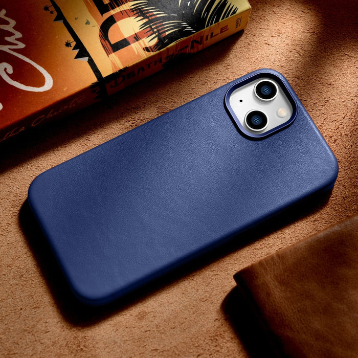 iCarer Case Leather cover for iPhone 14 Plus genuine leather case blue (compatible with MagSafe)
