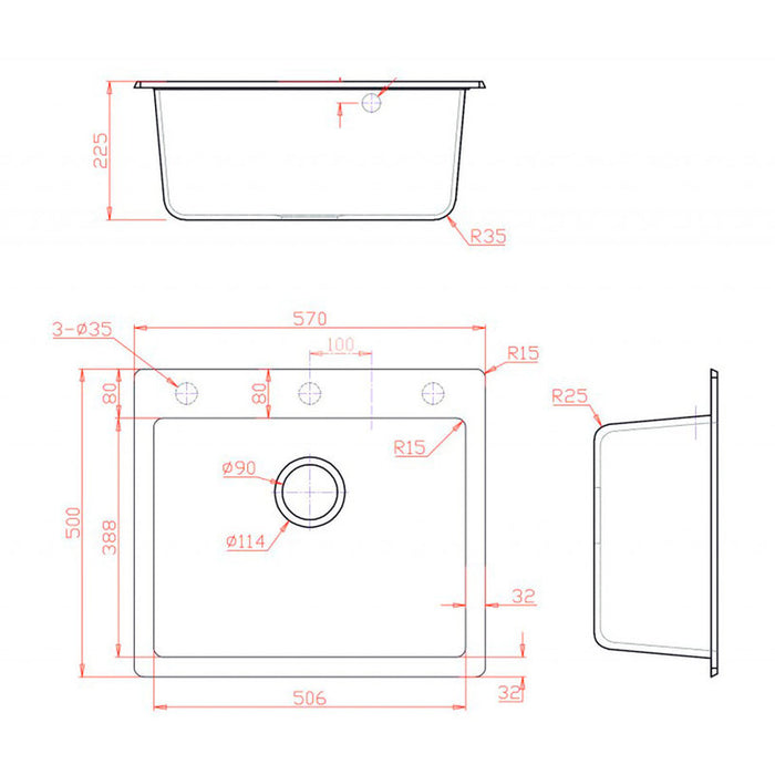 GRANITE KITCHEN SINK 8304 INTER CERAMIC RECTANGULAR 57X50X22 CM. BLACK